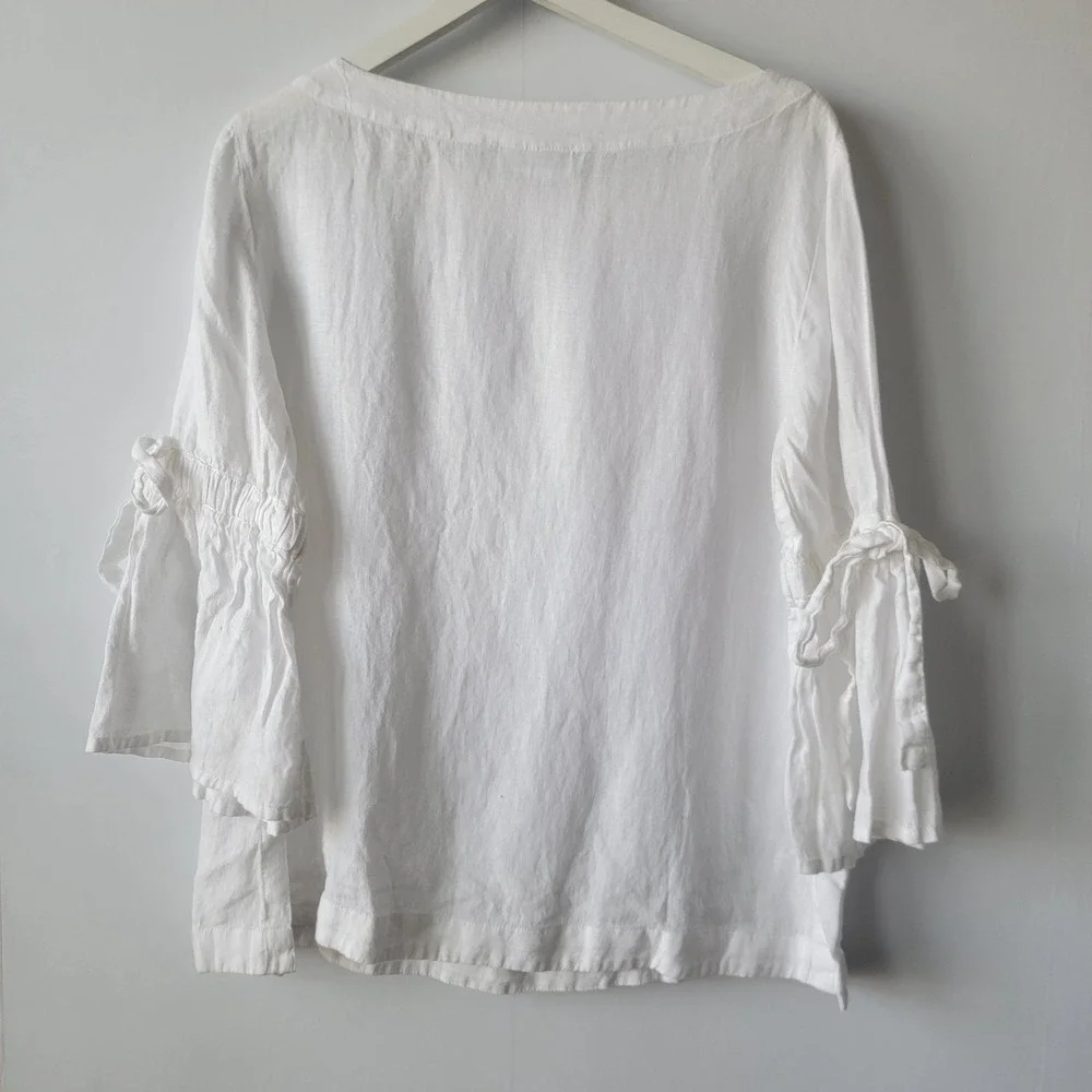 Charter Club women's 100% Linen Bell-Sleeve tie Top M beachy natural coastal - Picture 2 of 7